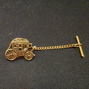Vintage Wells Fargo Stage Coach Tie Tack / Pin with Chain - Gold Tone